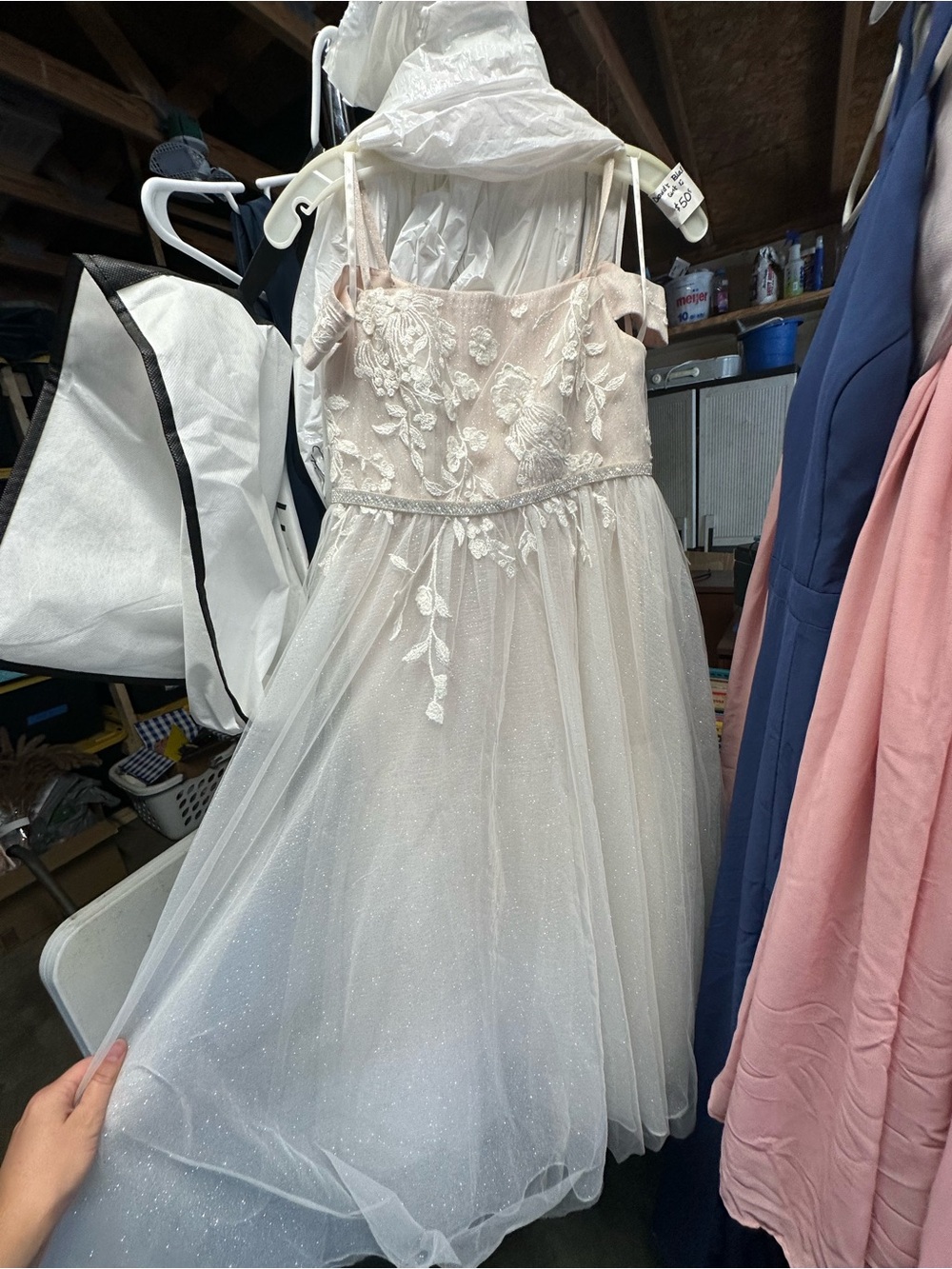 Girls David’s Bridal Sparkle Tulle Flower Applique Dress - Pale Nude Pink